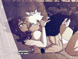 1boy 1girl bakugou_katsuki bed black_shirt boku_no_hero_academia bracelet breasts crying crying_with_eyes_open dimples ear_piercing hetero husband_and_wife jewelry large_breasts leggings medium_breasts muscular muscular_male niverins piercing ribbon ring shirt sweater tears uraraka_ochako watch wedding_ring wristwatch
