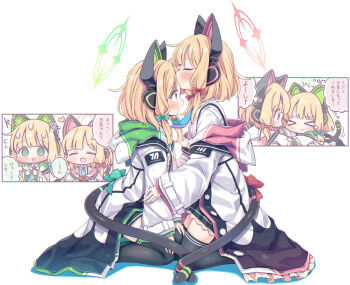 &gt;_&lt; 2girls @_@ animal_ear_headphones animal_ears black_jacket black_shorts black_skirt black_tail black_thighhighs blonde_hair blue_archive blue_necktie blush bow breasts buttons cat_ear_headphones cat_ears cat_tail chibi chromatic_aberration closed_eyes collared_shirt colored_shadow commentary_request fake_animal_ears fake_tail frilled_jacket frilled_skirt frills from_side full_body green_bow green_eyes green_halo green_jacket hair_bow halo hands_on_own_knees headphones heart highres hood hood_down hooded_jacket intertwined_tails jacket kneeling long_sleeves looking_at_another low-tied_sidelocks medium_hair midori_(blue_archive) millennium_science_school_logo momoi_(blue_archive) multicolored_jacket multiple_girls necktie off_shoulder parted_bangs parted_lips pink_halo pink_jacket pleated_skirt profile red_bow shadow shirt short_shorts shorts siblings sidelocks simple_background sisters skirt small_breasts speech_bubble suspender_skirt suspenders tail tail_bow tail_ornament takahero tears thighhighs translation_request twins unbuttoned white_background white_jacket white_shirt wide_sleeves