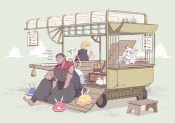 1girl 2boys 398hajime barefoot bear beard black_cape black_dragon_dareiko black_hair blonde_hair bottle cape colored_skin commentary_request copyright_name day facial_hair facial_scar fantasy gold_dragon_sihguro market_stall multiple_boys outdoors pixiv_fantasia pixiv_fantasia_last_saga red_eyes scar scar_on_cheek scar_on_face sitting slime_(creature) vase weighing_scale white_dragon_aira white_hair white_skin