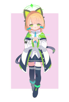1girl :d absurdres animal_ear_headphones animal_ears black_boots black_shorts black_tail black_thighhighs blonde_hair blue_archive blue_bow blue_necktie blush boots border bow buttons cat_ear_headphones cat_ears cat_tail collared_shirt commentary_request fake_animal_ears fake_tail full_body green_eyes green_halo green_jacket hair_bow halo headphones highres hood hood_down hooded_jacket interlocked_fingers jacket long_sleeves looking_at_viewer low-tied_sidelocks midori_(blue_archive) multicolored_jacket necktie open_clothes open_jacket open_mouth outside_border own_hands_together parted_bangs pink_background ruru_nyano shirt short_hair shorts sidelocks simple_background smile solo straight-on tail thighhighs twitter_username two-sided_fabric two-sided_jacket untucked_shirt walking white_border white_jacket white_shirt