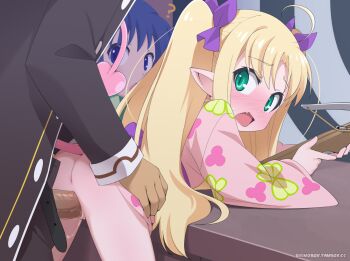 1boy 2girls ? anus ass astarotte_ygvar blonde_hair blue_eyes blue_hair blush bow bow_(weapon) commentary crossbow demon_tail fanbox_username fang green_eyes hair_bow hetero holding holding_crossbow holding_weapon japanese_clothes kimono loli long_hair lotte_no_omocha! multiple_girls nose_blush open_mouth penis pink_kimono pink_tail pointy_ears purple_bow pussy sex sex_from_behind shino_(shinokani) tail touhara_asuha twintails uncensored vaginal watermark weapon web_address