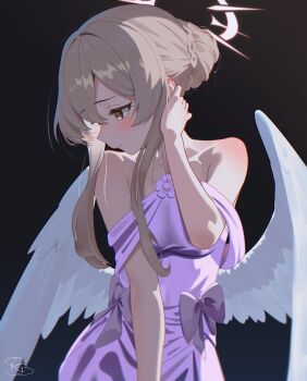 Rule 34 | 1girl, absurdres, angel wings, averting eyes, backlighting, bare shoulders, black background, blue archive, blush, body blush, bow, braid, breasts, brown hair, bun with braided base, dress, embarrassed, feathered wings, hair bun, halo, hand on own neck, hashtag-only commentary, highres, long hair, looking to the side, nagisa (blue archive), purple dress, royalbunny003, sidelocks, simple background, sleeveless, sleeveless dress, solo, white wings, wings, yellow eyes