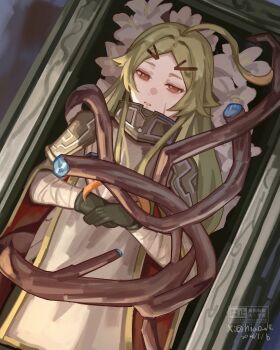 Rule 34 | 1girl, ahoge, armor, bandaged arm, bandages, blonde hair, branch, coffin, commentary request, dated, flower, gloves, highres, huge ahoge, looking at viewer, lying, niao de, on back, parted lips, red eyes, sidelocks, solo, teoritta, twitter username, white flower, yuushakei ni shosu