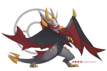 animal_focus artist_name commentary crossover english_commentary facebook_logo facebook_username fakemon from_side full_body highres instagram_logo instagram_username malzeno_(monster_hunter) mask monster_hunter_(series) nintendo no_humans open_mouth pixiv_logo pixiv_username poke_ball pokemon pokemon_(creature) rearing simple_background skull_mask solo standing twitter_logo twitter_username two-tone_wings white_background xezeno