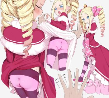 1boy 1girl ^^^ ass back beatrice_(re:zero) blonde_hair blue_eyes cameltoe dress drill_hair esearu flat_ass from_behind grey_background highres loli long_hair multiple_views open_mouth pantyhose pink_pantyhose re:zero_kara_hajimeru_isekai_seikatsu red_dress simple_background striped_clothes striped_pantyhose twin_drills