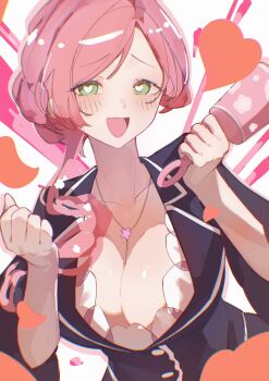 1girl :d asymmetrical_hair blush breasts cleavage clenched_hands collarbone commentary green_eyes hanazono_hahari heart heart-shaped_pupils highres holding holding_rattle jewelry kimi_no_koto_ga_dai_dai_dai_dai_daisuki_na_100-nin_no_kanojo large_breasts looking_at_viewer mature_female open_mouth pendant pink_hair rattle retter_art simple_background single_sidelock smile solo symbol-shaped_pupils upper_body white_background