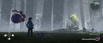 1boy absurdres asteroid_ill bag baseball_cap black_pants blue_jacket brown_hair closed_mouth commentary_request galvantula gen_3_pokemon gen_4_pokemon gen_5_pokemon grass hand_in_pocket hand_up hat highres hilbert_(pokemon) jacket long_sleeves looking_to_the_side minimap musharna nintendo palpitoad pants pokemon pokemon_(creature) pokemon_bw shellos shellos_(east) shoulder_bag smile standing tree user_interface whiscash yellow_eyes zipper_pull_tab