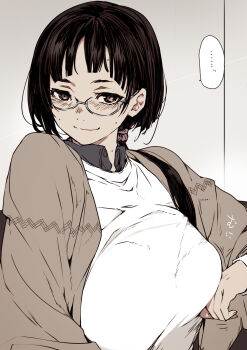 ... 1girl black_eyes black_hair blush breast_lift breasts brown_eyes bunbun commentary glasses hair_over_shoulder hair_tie highres large_breasts naughty_face original ponytail sagging_breasts smile solo spoken_ellipsis sweat upper_body