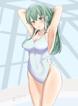 01021235 1girl absurdres aqua_hair blush breasts comb competition_swimsuit highres holding holding_comb indoors kantai_collection large_breasts long_hair looking_at_viewer one-piece_swimsuit pool poolside rei_no_pool smile solo suzuya_(kancolle) swimsuit white_one-piece_swimsuit window