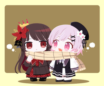 2girls beret black_dress black_hair black_hat black_shirt black_skirt chibi chibi_only closed_mouth collared_shirt commentary crown dress fang flower full_body hair_flower hair_ornament hat highres long_hair long_sleeves looking_at_another mahou_shoujo_no_majo_saiban multicolored_hair multiple_girls necktie nikaido_hiro open_mouth pink_eyes pink_hair red_eyes red_flower red_necktie sakuraba_ema scarf shared_clothes shared_scarf shirt short_hair simple_background skin_fang skirt smile standing symbol-only_commentary umemirin00 white_flower x_hair_ornament