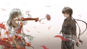 1boy 1girl bare_shoulders black_gloves black_hair black_jacket black_pants braid breasts chinese_commentary closed_mouth commentary_request detached_sleeves dress faceoff flower from_side gloves gradient_background grey_hair highres holding holding_flower jacket long_hair low_twin_braids male_rover_(wuthering_waves) minglu_(gululu) pants phrolova_(wuthering_waves) pointing pointing_at_another red_dress red_flower red_petals rover_(wuthering_waves) single_detached_sleeve small_breasts spider_lily twin_braids wuthering_waves yellow_eyes