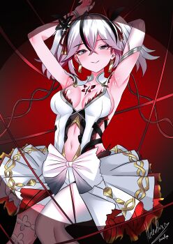 1girl absurdres armpits arms_up black_flower blake_bloom_(wuthering_waves) breasts camellya_(wuthering_waves) closed_mouth clothing_cutout collarbone commentary dress earrings feet_out_of_frame flower gold_earrings grey_eyes hair_between_eyes hair_flower hair_ornament hair_ribbon hair_vines highres jewelry large_breasts looking_at_viewer navel nekobox pantyhose red_background red_pupils red_ribbon ribbon short_hair short_twintails signature single_leg_pantyhose smile solo stomach_cutout tacet_mark_(wuthering_waves) twintails white_dress white_pantyhose wuthering_waves