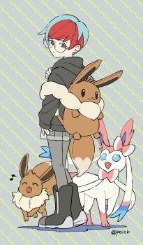 1girl black_hoodie black_shoes blue_hair character_backpack closed_mouth commentary_request eevee eevee_backpack full_body gen_1_pokemon gen_6_pokemon glasses grey_eyes grey_pantyhose hood hood_down hoodie koma_yoichi long_sleeves looking_at_viewer multicolored_hair musical_note nintendo pantyhose penny_(pokemon) pokemon pokemon_(creature) pokemon_sv red_hair round_eyewear shoes short_hair sylveon twitter_username two-tone_hair