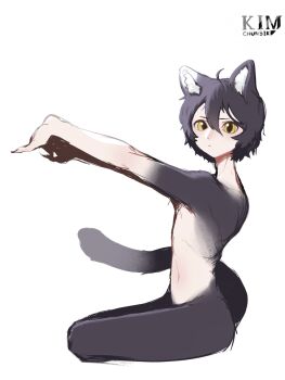 Rule 34 | 1girl, ahoge, animal ear fluff, animal ears, artist name, black hair, cat ears, cat girl, cat tail, completely nude, dungeon meshi, full body, highres, izutsumi, kimchunsik, nude, red scarf, scarf, short hair, simple background, sitting, slit pupils, solo, tail, white background, yellow eyes