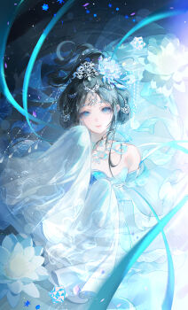 1girl absurdres bare_shoulders black_hair blue_dress blue_eyes blue_flower blue_hanfu blue_shawl blue_theme chinese_clothes closed_mouth collarbone detached_sleeves dress eyelashes flower hair_ornament hanfu highres jewelry lens_flare lips long_hair long_sleeves looking_at_viewer necklace off-shoulder_dress off_shoulder original shawl shuise_shuilian sleeves_past_fingers sleeves_past_wrists smile solo white_flower wide_sleeves