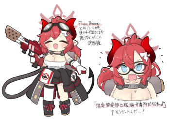 1girl :d ^_^ arrow_(symbol) black_boots black_jacket black_skirt blue_archive blue_eyes boots breasts chibi cleavage closed_eyes clothes_around_waist demon_girl demon_horns demon_tail dirty fang flamethrower fold-over_boots goggles goggles_on_head gun hair_between_eyes hair_ornament halo holding holding_gun holding_weapon horns jacket jacket_around_waist large_breasts long_hair megu_(blue_archive) miranofuudoria multiple_views open_mouth pleated_skirt pointy_ears ponytail red_hair simple_background skirt smile tail thighhighs thighhighs_under_boots translation_request v-shaped_eyebrows very_long_hair weapon white_background white_thighhighs