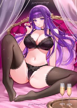 1girl absurdres alcohol arm_behind_back arm_support bed_sheet black_bra black_choker black_panties black_thighhighs blunt_bangs bra breasts bright_pupils champagne champagne_flute choker cleavage closed_mouth commentary cup drinking_glass evangellium feet fern_(sousou_no_frieren) fine_fabric_emphasis highres holding holding_own_hair knee_up lace lace-trimmed_thighhighs lace_trim large_breasts lingerie long_hair looking_at_viewer navel no_shoes panties partially_visible_vulva pillow purple_eyes purple_hair shiny_skin sitting solo sousou_no_frieren sparkle thighhighs toes tray twitter_username underwear underwear_only very_long_hair wavy_mouth white_pupils