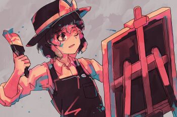 1girl black_hat black_overalls bow brown_eyes brown_hair canvas_(object) collared_shirt commentary grey_background hat hat_bow highres one_eye_closed open_mouth overalls paint_splatter paint_splatter_on_face paintbrush shirt sleeves_rolled_up touhou upper_body usami_renko wasabisuke white_shirt
