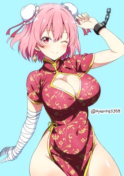 1girl alternate_costume arm_up bandaged_arm bandages blue_background blush breasts bun_cover china_dress chinese_clothes cleavage cleavage_cutout closed_mouth clothing_cutout commentary_request covered_navel cuffs double_bun dress earrings floral_print gold_trim hair_bun highres ibaraki_kasen jewelry kyanta5354 large_breasts long_sleeves looking_at_viewer one_eye_closed pelvic_curtain pink_eyes pink_hair print_dress red_dress shackles short_sleeves side_slit simple_background smile solo tassel tassel_earrings touhou