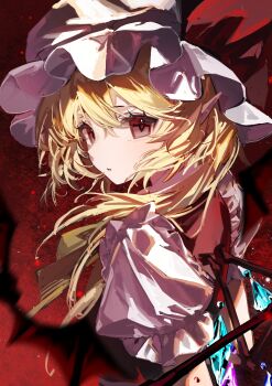 1girl blonde_hair crystal_wings expressionless flandre_scarlet frilled_hat frills hat hat_ribbon medium_hair mob_cap parted_lips pointy_ears puffy_short_sleeves puffy_sleeves red_eyes red_ribbon red_vest ribbon ringo_no_usagi shirt short_sleeves solo touhou vest white_hat white_shirt wings