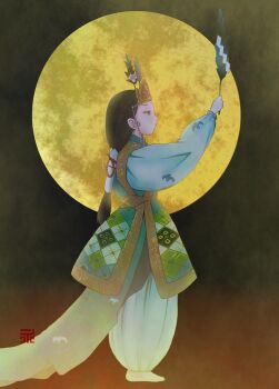 1girl belusyuta black_hair duster feather_duster full_body full_moon gradient_background highres japanese_clothes long_hair looking_to_the_side miko moon original pants shirt solo white_pants white_shirt