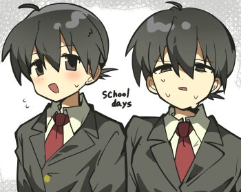 1boy ahoge black_eyes black_jacket blush collared_shirt commentary_request copyright_name hair_between_eyes itou_makoto_(school_days) jacket lapels male_focus mikiwo_eko53 multiple_views necktie notched_lapels open_mouth red_necktie sakakino_academy_school_uniform school_days school_uniform shirt short_hair smile sweat tareme white_shirt wing_collar