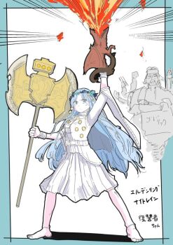 1boy 1girl axe barefoot blue_capelet blue_eyes blue_hair border braid capelet choker doll_joints dress elden_ring elden_ring_nightreign emphasis_lines explosion extra_arms fire flower_wreath full_body godrick_the_grafted hand_up head_wreath holding holding_axe huge_weapon joints low_twin_braids miya_zirou revenant_(elden_ring) solo_focus standing three-quarter_sleeves twin_braids veil weapon white_choker white_dress wide_sleeves wrist_cuffs