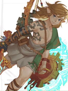 Rule 34 | 1boy, arm markings, blonde hair, blue eyes, braid, cowboy shot, earrings, feet out of frame, gladiator sandals, hair between eyes, highres, holding, holding shield, holding sword, holding weapon, ivy (sena0119), jewelry, link, long hair, male focus, nintendo, pointy ears, sandals, shield, sidelocks, single braid, solo, sword, the legend of zelda, the legend of zelda: tears of the kingdom, toga, twitter username, weapon