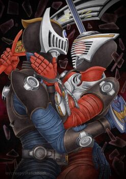 Rule 34 | 2boys, akiyama ren, armor, bat (animal), belt, blue armor, dragon, glass shards, hand on another's ass, hand on another's face, hand on face , helmet, highres, holding, holding sword, holding weapon, hug, kamen rider, kamen rider knight, kamen rider ryuki, kamen rider ryuki (series), kido shinji, male focus, mask, masked, masked male, multiple boys, mycreepysketchbook, red armor, red eyes, shards, signature, sword, sword clash, touching ass, visor (armor), weapon, yaoi
