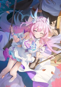 2girls ;) aqua_hair bare_shoulders breasts cyrene_(honkai:_star_rail) cyrene_(ripples_of_past_reverie)_(honkai:_star_rail) diamond-shaped_pupils diamond_(shape) dress flower from_above grey_hair hair_flower hair_ornament highres hino_kagutsuki honkai:_star_rail honkai_(series) large_breasts long_hair looking_at_viewer medium_hair multicolored_hair multiple_girls on_swing one_eye_closed pink_hair pointy_ears purple_eyes shirt smile stelle_(honkai:_star_rail) swing symbol-shaped_pupils trailblazer_(honkai:_star_rail) two-tone_hair very_long_hair white_dress white_shirt