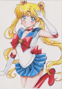1girl absurdres bishoujo_senshi_sailor_moon blonde_hair blue_eyes blue_sailor_collar bow chikoto_(kztc4472) choker circlet closed_mouth collarbone commentary crescent_choker double_bun earrings elbow_gloves gem gloves hair_bun hair_ornament hand_up highres jewelry long_hair looking_at_viewer red_choker red_gemstone sailor_collar sailor_moon sailor_senshi_uniform skirt smile solo transformation_brooch_(sailor_moon) tsukino_usagi twintails white_gloves