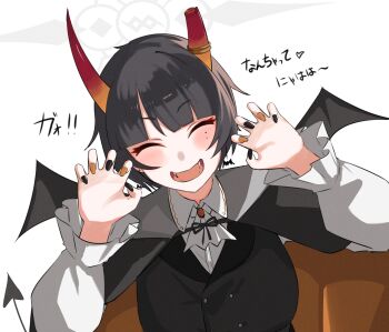 1girl absurdres ascot bat_earrings bat_wings black_hair black_nails blue_archive blush breasts broken_horn claw_pose closed_eyes commentary_request earrings facing_viewer fake_tail fake_wings fangs gradient_horns halloween halo highres horns jewelry kyurosuku long_sleeves medium_breasts mole mole_under_eye multicolored_horns nail_polish niya_(blue_archive) open_mouth orange_nails red_horns short_hair simple_background solo tail translation_request vampire_costume white_ascot white_background wings
