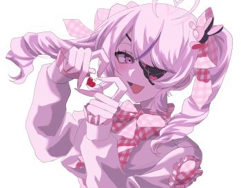 1girl :d ahoge blush broken_heart eyepatch four-finger_heart_hands heart heart_ahoge heart_hands highres long_hair looking_at_viewer maria_marionette multicolored_hair nijisanji nijisanji_en open_mouth pink_eyes pink_hair purple_hair rzottt simple_background smile solo streaked_hair twintails virtual_youtuber white_background