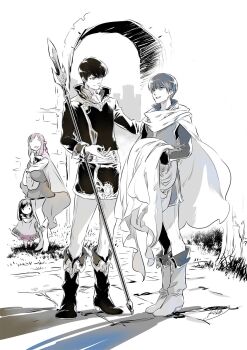 2girls 3boys altena_(fire_emblem) baby baby_carry boots carrying commentary_request dress ethlyn_(fire_emblem) finn_(fire_emblem) fire_emblem fire_emblem:_genealogy_of_the_holy_war fire_emblem_cipher highres leif_(fire_emblem) long_hair multiple_boys multiple_girls nintendo polearm quan_(fire_emblem) short_hair suzuki_rika weapon