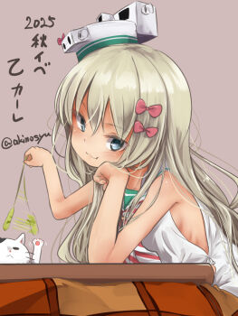 1girl akino_shuu blonde_hair blue_eyes bow breasts cat cat_teaser closed_mouth commentary_request dress grecale_(kancolle) green_sailor_collar hair_bow holding_cat_teaser kantai_collection kotatsu long_hair looking_at_viewer pink_bow sailor_collar sailor_dress sleeveless sleeveless_dress small_breasts solo table translation_request twitter_username white_dress