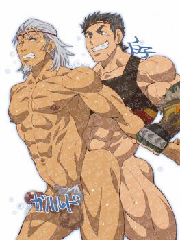 2boys abs age_difference anal bara censored censored_by_text character_request cheekbones chest_harness facial_hair feet_out_of_frame gloves goatee grin harness highres male_focus male_pubic_hair mature_male medium_sideburns multiple_boys muscular muscular_male navel nipples old old_man penis pubic_hair sex shirako_(kirupi) short_hair smile standing standing_sex stomach thick_eyebrows too_many_watermarks veins veiny_arms watermark white_hair yaoi