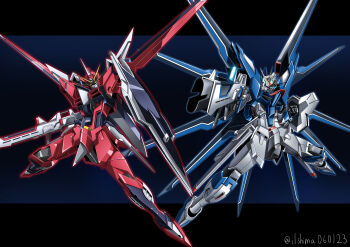 absurdres artificial_eye artist_name beam_rifle blue_eyes commentary compass_(gundam) energy_gun energy_sword english_commentary english_text glowing glowing_eyes green_eyes gun gundam gundam_seed gundam_seed_freedom highres holding holding_beam_saber holding_gun holding_shield holding_sword holding_weapon humanoid_robot immortal_justice_gundam looking_at_viewer mecha mechanical_arms mechanical_eye mechanical_hands mechanical_legs mechanical_wings mobile_suit no_humans rifle rising_freedom_gundam robot science_fiction sensor shield shimashun sword v-fin weapon wings