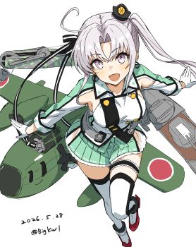 1girl :d absurdres akitsushima_(kancolle) bigkwl blush breasts commentary dated_commentary frilled_skirt frills full_body gloves green_skirt highres kantai_collection long_hair long_sleeves looking_at_viewer medium_breasts miniskirt one-hour_drawing_challenge open_mouth parted_bangs pleated_skirt purple_eyes rigging shirt shoes side_ponytail sidelocks simple_background skirt smile solo standing standing_on_one_leg thigh_strap thighhighs twitter_username white_background white_gloves white_hair white_shirt white_shoes white_thighhighs