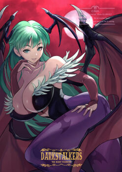 1girl animal_print bare_shoulders bat_print black_leotard breasts bridal_gauntlets capcom cleavage clothing_cutout collarbone copyright_name darkstalkers demon_girl demon_wings ema_(emaura) english_text full_body green_eyes green_hair halloween head_wings heart_cutout highres large_breasts leotard long_hair looking_at_viewer matching_hair/eyes morrigan_aensland pantyhose print_pantyhose purple_pantyhose red_background smile wings