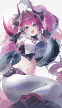 1girl absurdres arknights arknights:_endfield black_gloves black_shoes blue_eyes blue_hair breasts dragon_girl dragon_horns dragon_tail gloves hair_ornament hairclip highres horns large_breasts long_hair looking_at_viewer midriff multicolored_hair open_mouth pants shoes signature solo soyoong_jun tail white_pants yvonne_(arknights)