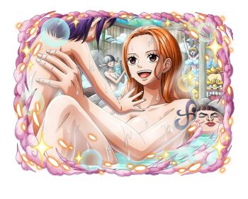 1other 5girls black_hair blonde_hair breasts brown_eyes brown_hair carrot_(one_piece) completely_nude convenient_censoring female_focus holding_person komachiyo kurozumi_tama lifting_person long_hair looking_at_another multicolored_hair multiple_girls nami_(one_piece) nude official_art one_piece one_piece_treasure_cruise onsen open_mouth orange_hair purple_hair rabbit_ears rabbit_girl shinobu_(one_piece) short_hair shoulder_tattoo smile speed_(one_piece) tattoo two-tone_hair water wet wet_hair white_hair