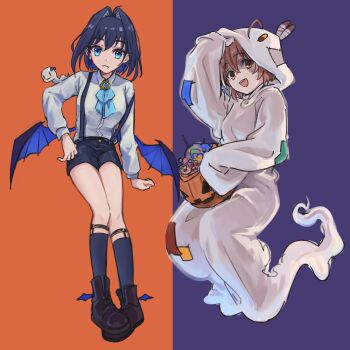 2girls :d ahoge bat_wings blue_eyes blue_hair blue_ribbon boomei_(nanashi_mumei) boots boros_(ouro_kronii) bow bow_earrings brown_eyes brown_hair candy collared_shirt dress_shirt earrings fangs food ghost_costume hair_intakes halloween halloween_bucket heart-shaped_gem highres hololive hololive_english hood jewelry kisuu_(oddnumberr_) kneehighs looking_at_viewer low_wings multicolored_hair multiple_girls nanashi_mumei onesie open_mouth orange_background ouro_kronii patchwork_clothes purple_background ribbon shirt short_hair shorts simple_background smile socks streaked_hair suspender_shorts suspenders teeth two-tone_background upper_teeth_only virtual_youtuber white_shirt wings