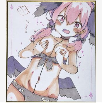 Rule 34 | 1girl, bikini, bikini top pull, black wings, blue archive, blush stickers, breasts, commentary request, covering breasts, covering privates, dutch angle, feathered wings, floral print, grey bikini, groin, hair between eyes, hair over shoulder, head wings, heart, koharu (blue archive), koharu (swimsuit) (blue archive), long hair, low twintails, low wings, navel, photo (medium), pink hair, print bikini, purple eyes, shikishi, small breasts, solo, spoken blush, swimsuit, te toga, tears, traditional media, translation request, twintails, wings