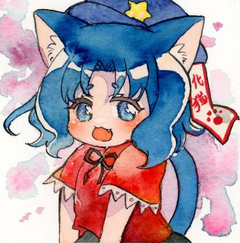 1girl :3 animal_ears black_ribbon blue_eyes blue_hair blush cat_ears cat_girl cat_tail commentary_request fang hat hat_ornament jiangshi kemonomimi_mode lace-trimmed_sleeves lace_trim looking_at_viewer miyako_yoshika neck_ribbon newsboy_cap ofuda open_mouth painting_(medium) pppppks red_shirt ribbon shirt short_hair short_sleeves smile solo star_(symbol) star_hat_ornament tail touhou traditional_media upper_body watercolor_(medium) white_background