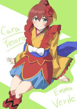 1girl absurdres blue_eyes blue_skirt blush boots cara_tesoro character_name colored_shadow commentary emma_verde flower freckles full_body green_background grin hair_bun hair_flower hair_ornament highres japanese_clothes kimono looking_at_viewer love_live! love_live!_nijigasaki_high_school_idol_club love_live!_nijigasaki_high_school_idol_club_the_movie_-_finale miniskirt official_alternate_costume red_boots red_flower red_skirt shadow short_hair_with_long_locks single_hair_bun skirt smile solo song_name uchuu_no_mozuku yellow_kimono