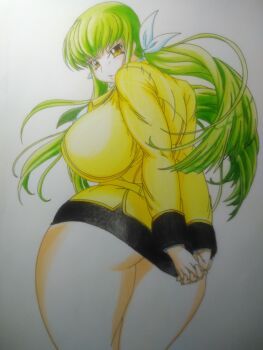 1girl absurdres alternate_body_size alternate_breast_size_(larger) arms_behind_back ashford_academy_school_uniform ass ass_expansion breasts c.c. c.c._(cc_c2) code_geass curvy forsakencause green_hair highres huge_breasts long_hair looking_at_viewer looking_back puffy_cheeks school_uniform solo thick_thighs thighs tight_clothes undersized_clothes weight_gain yellow_eyes