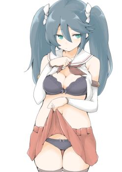 1girl akara_kai black_bra black_panties blue_eyes blue_hair blush bra breasts clothes_lift commentary hair_ribbon highres isuzu_(kancolle) isuzu_kai_ni_(kancolle) kantai_collection lifting_own_clothes long_hair looking_at_viewer navel neckerchief panties pleated_skirt ribbon school_uniform serafuku skirt skirt_lift solo thighhighs twintails underwear white_background