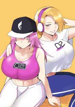 2girls bare_shoulders baseball_cap bilingual_commentary blonde_hair blue_pants blush breasts byobugaura_homare cleavage commentary covered_navel crop_top english_commentary grin hat headphones highres large_breasts long_hair looking_at_viewer midriff mixed-language_commentary multiple_girls one_eye_covered pants pink_eyes pink_hair pink_sports_bra rice_grg sazanami_kuina shirt short_hair simple_background smile sports_bra tougen_anki white_pants white_shirt yellow_background yellow_eyes