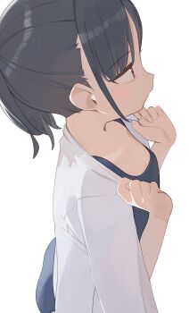 1girl black_hair blue_one-piece_swimsuit breasts brown_eyes commentary highres hiroki_(yyqw7151) one-piece_swimsuit open_clothes open_shirt original shirt short_hair simple_background small_breasts solo swimsuit white_background white_shirt