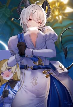 2girls absurdres ahoge alternate_costume black_collar black_gloves black_horns black_tail blonde_hair blue_sash blurry blurry_background blush breasts collar commentary_request covered_navel curled_horns demon_tail dress earrings from_below gloves grey_hair hair_between_eyes hat highres horns indoors jewelry key_earrings large_breasts light_censor long_hair long_sleeves looking_at_another looking_at_viewer mole mole_under_eye multiple_girls one_eye_closed open_mouth own_hands_clasped own_hands_together parted_lips phoebe_(wuthering_waves) purple_eyes red_eyes sash shirt solo_focus suraimuvmv sweat tail wardrobe_malfunction white_dress white_hat white_shirt wuthering_waves zani_(wuthering_waves)